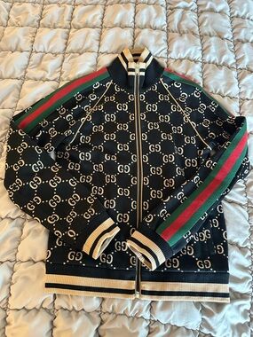 Gucci Black GG Logo Bomber Jacket with Green & Red Stripes